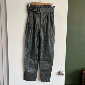 H&M dark green high rise belted faux leather paperbag pants size 2
